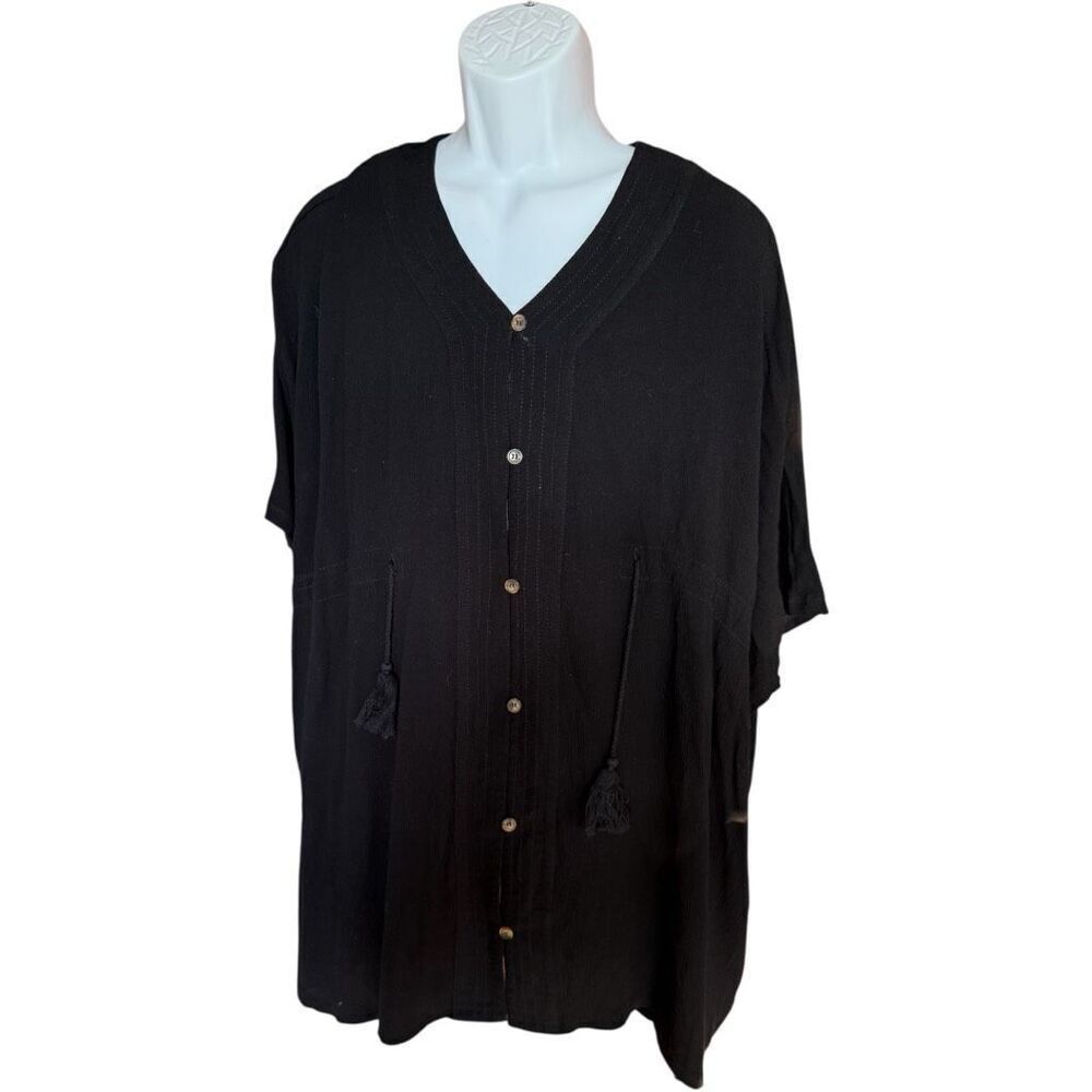 Womens Pink Lily Black Gauze Button Down Tassel Tunic Top Blouse Coverup - Sz S